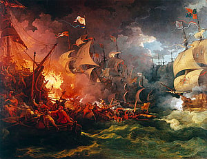 Image shows a painting of the defeat of the Spanish Armada. 