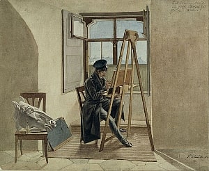 Image shows a painter at an easel.