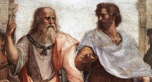 Image shows a detail from 'The School of Athens' by Raffaello Sanzio, with Plato and Aristotle.
