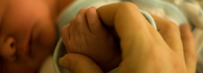 Image shows an adult holding hands with a newborn baby.