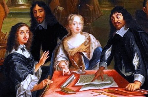 Image shows Descartes looking at papers with Queen Christina of Sweden.