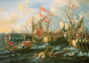 Image shows a painting of the Battle of Actium. 