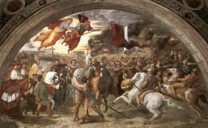Image shows a painting of the meeting of Pope Leo I and Attila the Hun. 